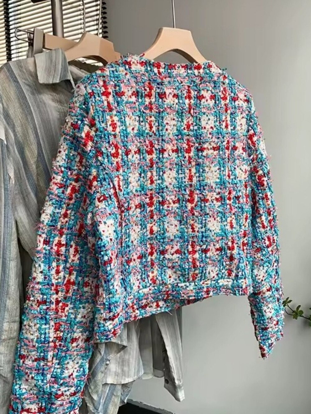 Multicolor Tweed Jacket - Women's Short Boxy Coat - Picture 4 of 7